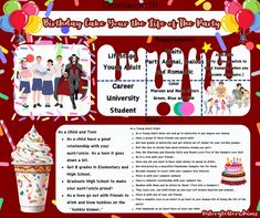 a birthday party flyer with balloons, confetti and cupcakes on it