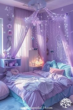 a bedroom decorated in purple and pink with fairy lights on the ceiling, bedding and curtains