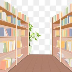 an empty room with bookshelves and a potted plant on the floor in front of it