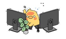 a cartoon character sitting in front of two computer monitors with a plant growing out of it