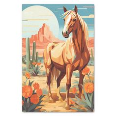 a painting of a horse standing in the desert with cactus and flowers around it's edges