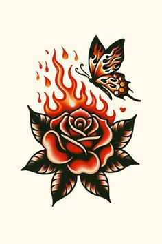 a rose with fire and butterflies on it