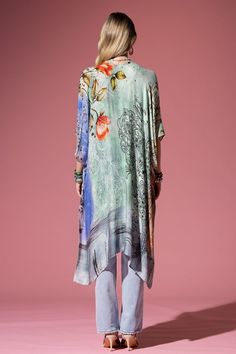 Introducing the Watercolor Floral Kimonos, featuring a stunning floral print against a watercolor-effect background. Made with 100% viscose, these kimonos are the epitome of luxury and elegance. The linear details add a touch of sophistication. Approximate measurements are L 38" and W 40", making it the perfect accessory for any occasion. Bohemian Multicolor Print Kimono For Spring, Summer Multicolor Silk Kimono, Summer Kimono With Abstract Print And Kimono Sleeves, Spring Kimono With Abstract Print, Spring Floral Print Elegant Kimono, Elegant Floral Print Spring Kimono, Elegant Spring Floral Print Kimono, Elegant Spring Floral Kimono, Artistic Summer Kimono