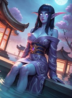 Night elf dressed in yukata Night Elf Female, Sea Elf, Female Elf, Dnd Ideas