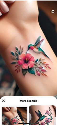 an image of a woman's tattoo with flowers and hummings on her stomach