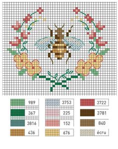 a cross stitch pattern with flowers and a bee