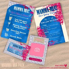 Mamma Mia Theme Hen Do / Bachelorette Weekend editable Canva template  Gimme! Gimme! Gimme! A super easy and bespoke way to celebrate your Bride-to-be with this Mamma Mia themed set.  This bumper pack contains everything you need to celebrate your own hen party or bachelorette. Once you have purchased, you will have access to four editable templates to customise - this includes an itinerary, cocktail menu, room signs and goody bag/hangover kits tags. You can fully customise all text, font and te Mama Mia Bachelorette Outfits, Mama Mia Birthday Party Ideas, Mamma Mia Hen Do, Mamma Mia Bachelorette Party Ideas, Mamma Mia Theme, Mama Mia Themed Bachelorette Party, Mamma Mia Bridal Shower Theme, Hen Party Themes