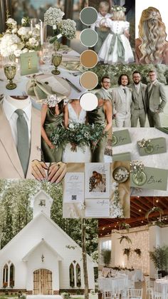 a collage of wedding pictures with green and white colors