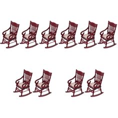 six miniature rocking chairs are shown in red