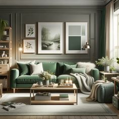 a living room with green couches and pictures on the wall above them, along with other furniture