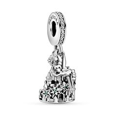 Believe in fairies? This magical sterling silver charm from Pandora features the Fantasyland Castle in miniature, surrounded by a line of sparkling stars with green man-made crystals, as if Tinker Bell has flown around it, leaving a trail of pixie dust behind. Dangling near the top of the castle is the spirited sprite herself, waving her wand to create some Disney Parks magic. Clear cubic zirconia stones add a touch of sparkle to the bead. Pandora Logo, Peter Pan Disney, Dangle Bracelet, Bracelets Diy, Pandora Bracelet Charms, Pandora Style, Bracelet Diy, Tinker Bell, Pandora Bracelets