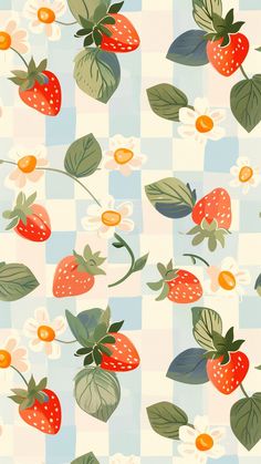 a pattern with strawberries and daisies on a blue checkered tablecloth background