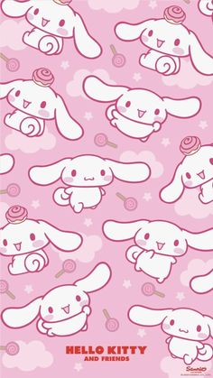 the pink background has many rabbits and donuts on it