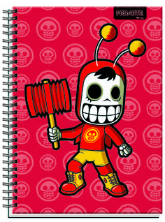 a spiral notebook with a cartoon character holding a barbell