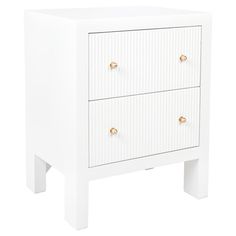 a white nightstand with two drawers and gold knobs on the bottom, against a white background