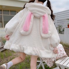 Japanese Style Autumn Winter Women Sweet Warm Jacket Kawaii Soft Lambswool Ruffles Rabbit Ears Hooded Coats Girls Parkas Outwear Bunny Ear Hoodie, Harajuku Clothes, Bunny Hoodie, Oversized Fashion, Harajuku Sweatshirt, Plush Coat, Winter Girl, Style Kawaii, Winter Girls