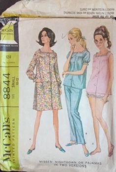 1967 McCalls Sleepwear Pattern #8844, includes gown/duster, 2 pc pajama and baby doll styles. SIZE SMALL (10-12). USED  $12.00 Fitted Retro Sleepwear For Loungewear, Retro Fitted Sleepwear For Loungewear, Retro Spring Daywear Sets, Vintage Spring Sets For Pajama Party, Vintage Long Sleeve Loungewear Set, Vintage Sets For Spring Pajama Party, Vintage Fitted Sleepwear For Sleepover, Vintage Spring Pajama Party Sets, Fitted Vintage Sleepwear For Sleepover