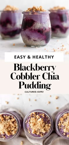 blueberry cobbler chia pudding in glass jars with crumbs on top