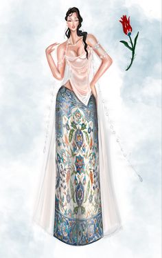 a drawing of a woman in a long dress with a flower on the side and her hands behind her back