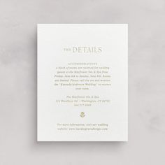 the details wedding card is shown in gold foil