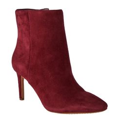 Vince Camuto Booties. Suede. Red. New In Box. Womens Size 8. Red Pointed Toe Heeled Boots For Work, Red Pointed Toe Boots For Work, Red Ankle Boots For Work, Red Ankle Boots For Workwear, Red High Heeled Boots For Work, Chic Burgundy Ankle Heeled Boots, Fall Suede Heels With Red Sole, Red High Heel Boots For Workwear, Red High Heel Boots For Work