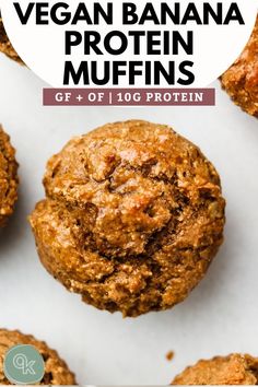 vegan banana protein muffins on a white surface with the title overlay