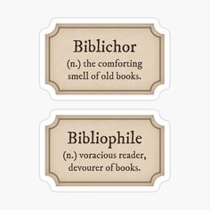 two stickers that say bibliot and the words in each one are different