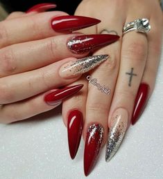 Red Stiletto Nails, Nails With Glitter, Red Acrylic Nails, Winter Nails Acrylic, Bling Acrylic Nails, Hot Nails, Fancy Nails