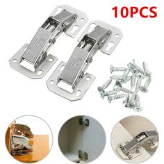 three different types of cabinet door hinges with screws