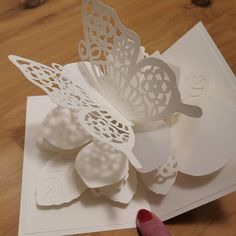 someone is holding up some paper cut outs to make a butterfly decoration on the table