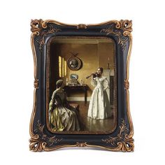 a painting of two women in an old - fashioned room with a mirror on the wall