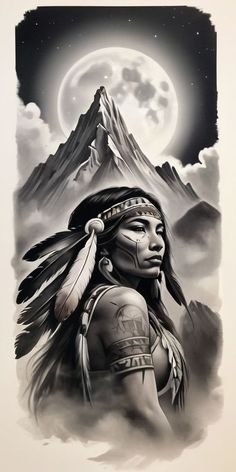 a native american woman in front of a full moon with mountains and clouds behind her