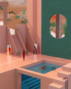 an artistic rendering of a pool in the middle of a room with stairs leading up to it