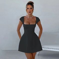 Square Neck Short Sleeve Fitted Mini Dress – Free From Label Dresses Nightclub, Fitted Mini Dress, Crop Top Blouse, Cutout Dress, Dress Suits, Middle Age, Cami Dress, Synthetic Fiber, Summer 2024