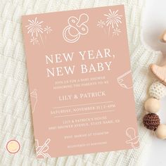 a pink new year's baby shower party card