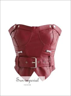 Women Red Sweetheart Neckline Fox Leather Bandeau Corset with Waist Belt Crop top with Zip detail Victoria Adams, Red Top Women, Body Dimensions, Outfits Edgy, Alternative Style, Womens Sleeveless Tops, Leather Decor, Corset Crop Top, Leather Corset