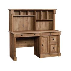 a wooden desk with two drawers and a bookcase