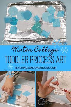 a collage of photos with the words winter college toddler process art on it