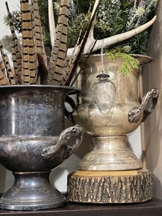 an old metal pot with plants in it on a shelf next to other pots and planters