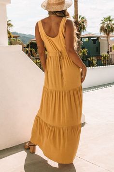 Yellow Sleeveless Ruched High Waist Maxi Dress Sleeveless Ruched Sundress For Vacation, Casual Ruched Maxi Dress For Day Out, Sleeveless Ruched Solid Maxi Dress, Solid Sleeveless Dresses With Tie Waist, Sleeveless Ruched Maxi Dress, Casual Drawstring Maxi Dress For The Beach, Casual Maxi Dress With Drawstring For Beach, Casual Beach Maxi Dress With Drawstring, Casual Sleeveless V-neck Ruched Dress