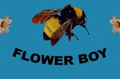 there is a bee flying in the sky with flowers around it that says flower boy