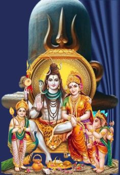 an image of hindu deities sitting in front of a statue