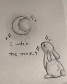 a drawing of a rabbit sitting on the ground next to a half moon and i watch the moon