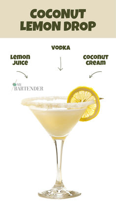 Coconut Lemon Drop Cocktails With Lemon Juice, Coconut Cocktails, Christmas Lemon Drop Cosmo, Lemon Drop Alcohol Drink, Batch Lemon Drop Martini, The Best Lemon Drop Martini, Large Batch Lemon Drop Martini, Fruity Rum Drinks, Flavored Lemon Drop Martini