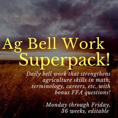 a field with the words ag bell work superpack on it and an image of a sunset