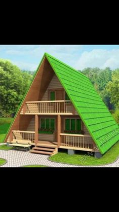 a - frame cabin with green roof and stairs