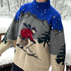 Rare Vintage 90s Lauren Ralph Lauren Hand Knit Wool Figural Ski / Skier Sweater. I Gasped When I Found This - Such A Vibrant Cobalt Blue Sky! It’s In Gorgeous Condition Too, Mock Neck Turtleneck Is Not Stretched Out. Someone Took Care Of This. Dry Clean Only. Tagged Women’s Size M Fits Nice And Oversize. Modeled On A S/M 34b 5’5”. Fits Me Comfy / Relaxed Fit. Unisex. Could Work For Up To A Women’s Xl Or A Men’s L I Think (Check Measurements). Tag Says Rn 54050 Ca 08349. There’s A Tiny Spot On One Cuff, Looks Like It Will Come Right Out With A Cleaning. No Smell. Super Warm - I’m Sensitive To Wool, So I Find This Itchy, Otherwise I’d Be Keeping It Forever. This Is A Collecto Ski Sweater Outfit, Ski Christmas, Apres Ski Sweater, Winter Lodge, 90s Ralph Lauren, Winter Knit Sweater, Ski Sweater, Ralph Lauren Sweaters, Vintage Winter