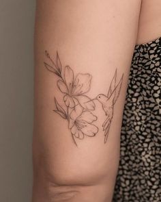 Fine Line Hummingbird Tattoo With Flowers Fine Line Hummingbird, Sophisticated Tattoo, Fine Line Hummingbird Tattoo, Line Hummingbird, Hummingbird Tattoo With Flowers, Classy Tattoo, Tattoos Fine Line, Hummingbird Tattoos