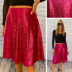 "This stunning circle skirt is the perfect addition to any wardrobe. With a glittering sequin design and a range of beautiful colors, this skirt is perfect for any occasion, from weddings and parties to casual days out. The skirt is made from high-quality materials and features an elastic waistband for maximum comfort and a perfect fit. The knee-length skirt is available in sizes small, medium, large, and X-large, and the solid pattern and accents of sequins make it a great choice for any season. Handmade in the United States, this skirt is a must-have for any fashionable woman. Whether you're looking for a holiday-themed outfit or a preppy city look, this sequin circle skirt is sure to turn heads. FEATURES: -stretchy sequin and lining fabric -elastic waistband  -knee length: 23\" inches S Holiday Party Skirt With Glitter, Evening Glitter Skirt For Party Season, Glamorous Summer Flared Skirt, Holiday Party Glitter Skirt, Summer Party Skirt With Glitter Details, Summer Party Skirt With Glitter, Glamorous Sequined Skirt For Holiday Party, Glamorous Glitter Skirt For Spring, Summer Party Glitter Skirt