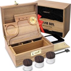 a wooden box with three empty glasses in it and the contents inside are labeled ash boy